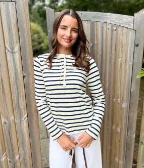 Ivory & Navy Daphne Striped Top BrushedInnerLining BondedHemline