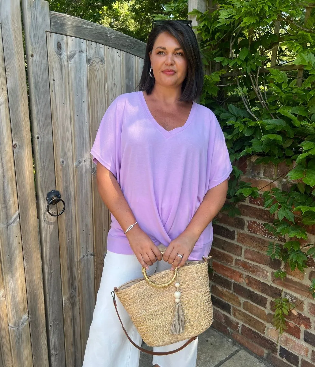 Contrast Topstitching Detail SeamFree Knitting Lilac V Neck Twist Front Top