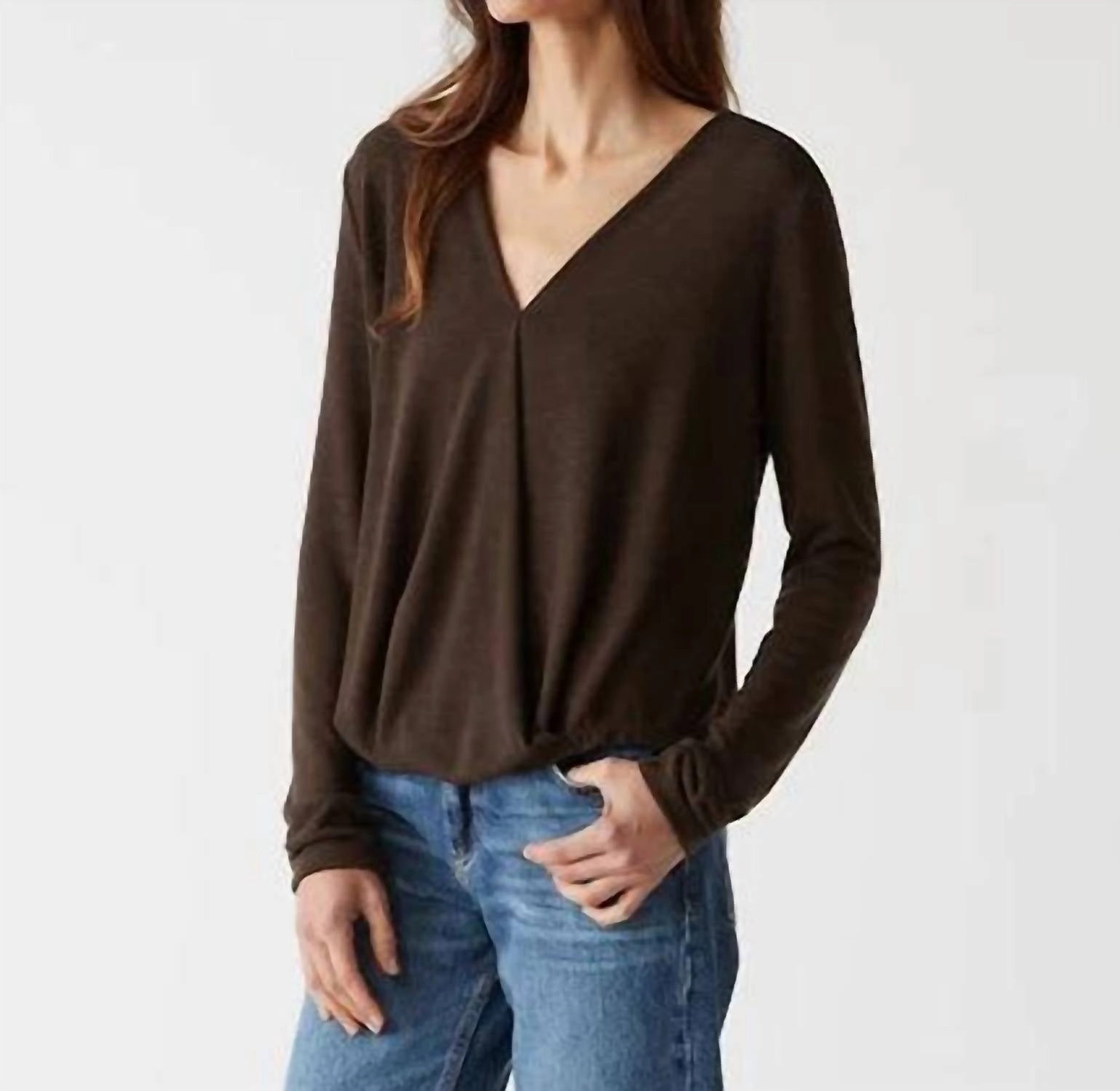 Fashion Forward Janet Tahoe Jersey Surplice Top In Java