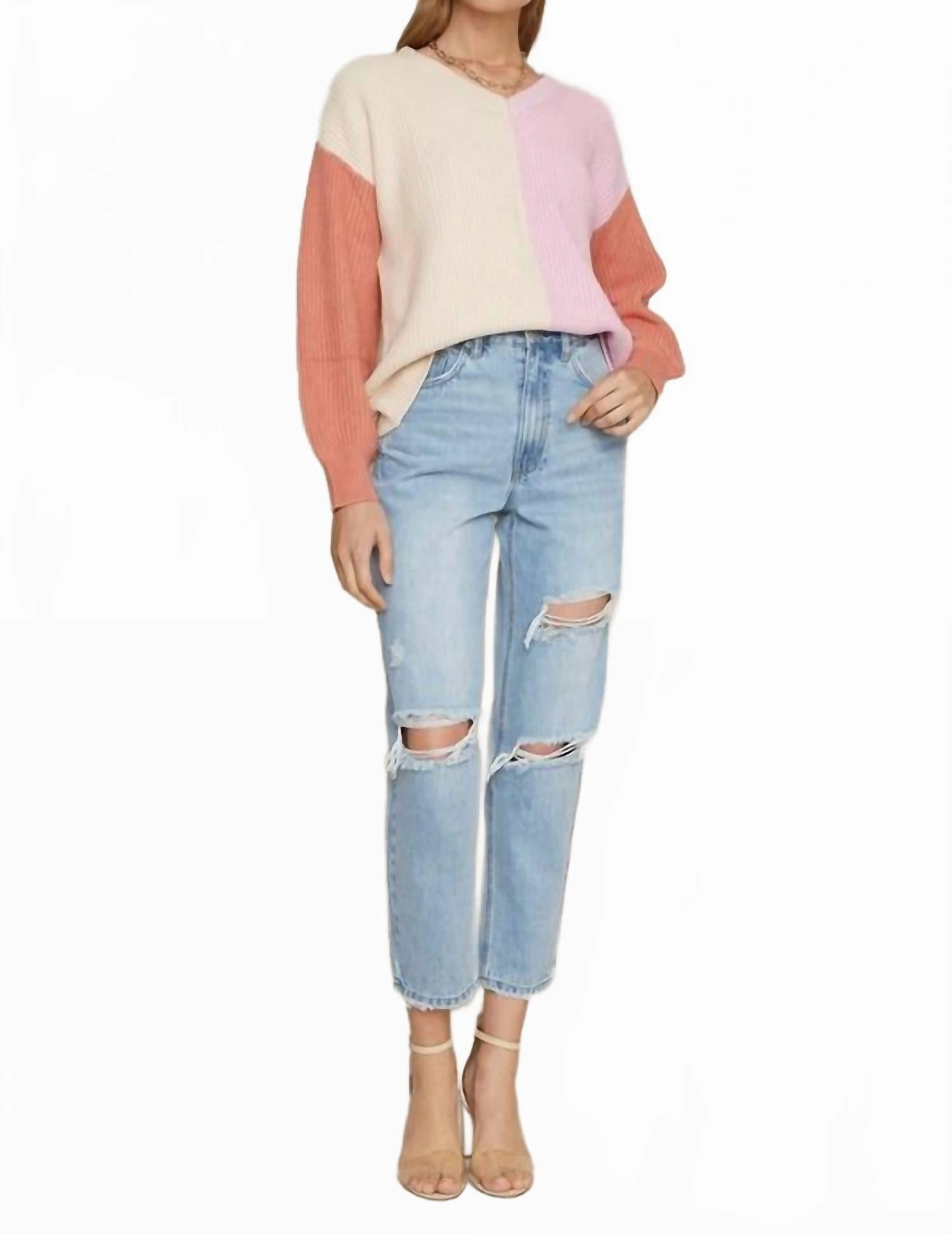 Lightweight Merino Multi Color Long Sleeve Knit Sweater In Terra Cotta