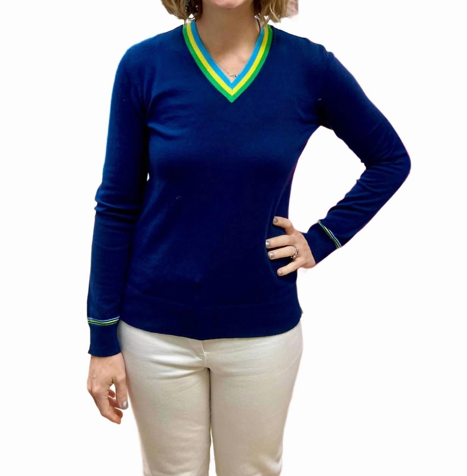 Simple Fashion Stylish Knit Layer Pullover Lightweight Sweater In Navy / Turqoise