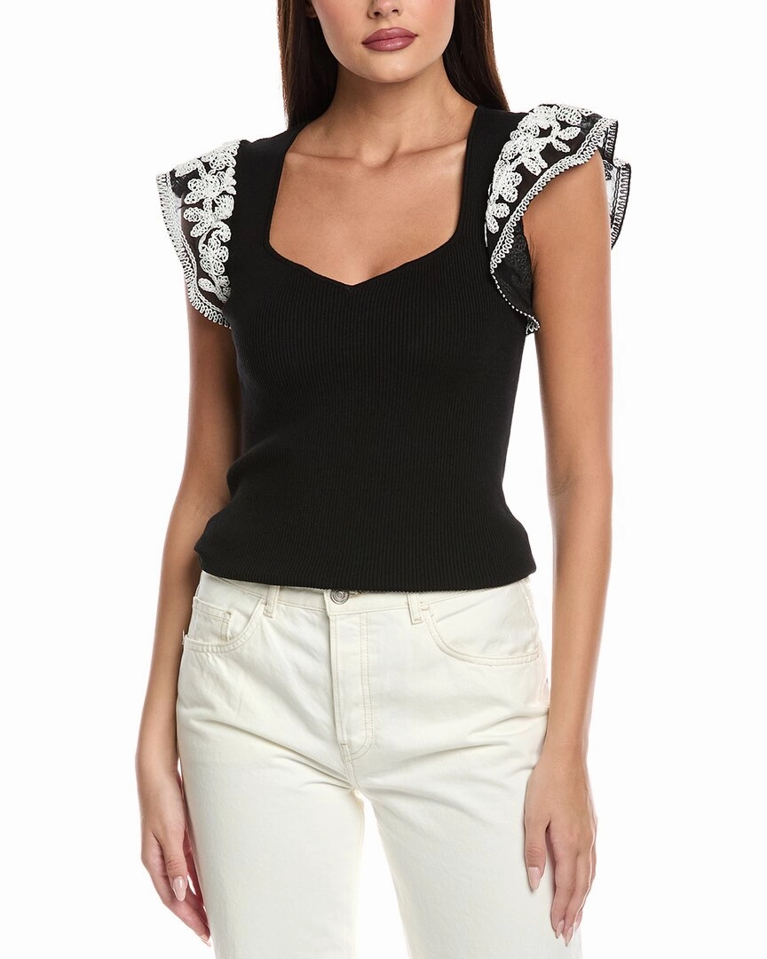 Elie Tahari Emily Embroidered Top Flex Knit Ribbing