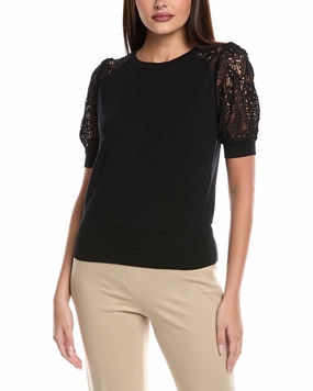 Elie Tahari Felicity Crochet Sweater Flexible Ribbed Trim Essential Fashion