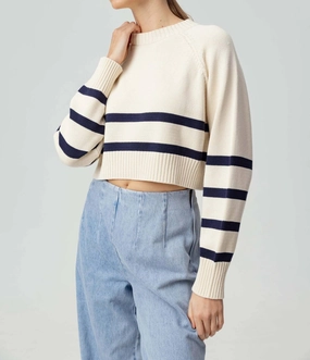Layered Wearable Enid Boxy Crew Neck Sweater In Navy/cream
