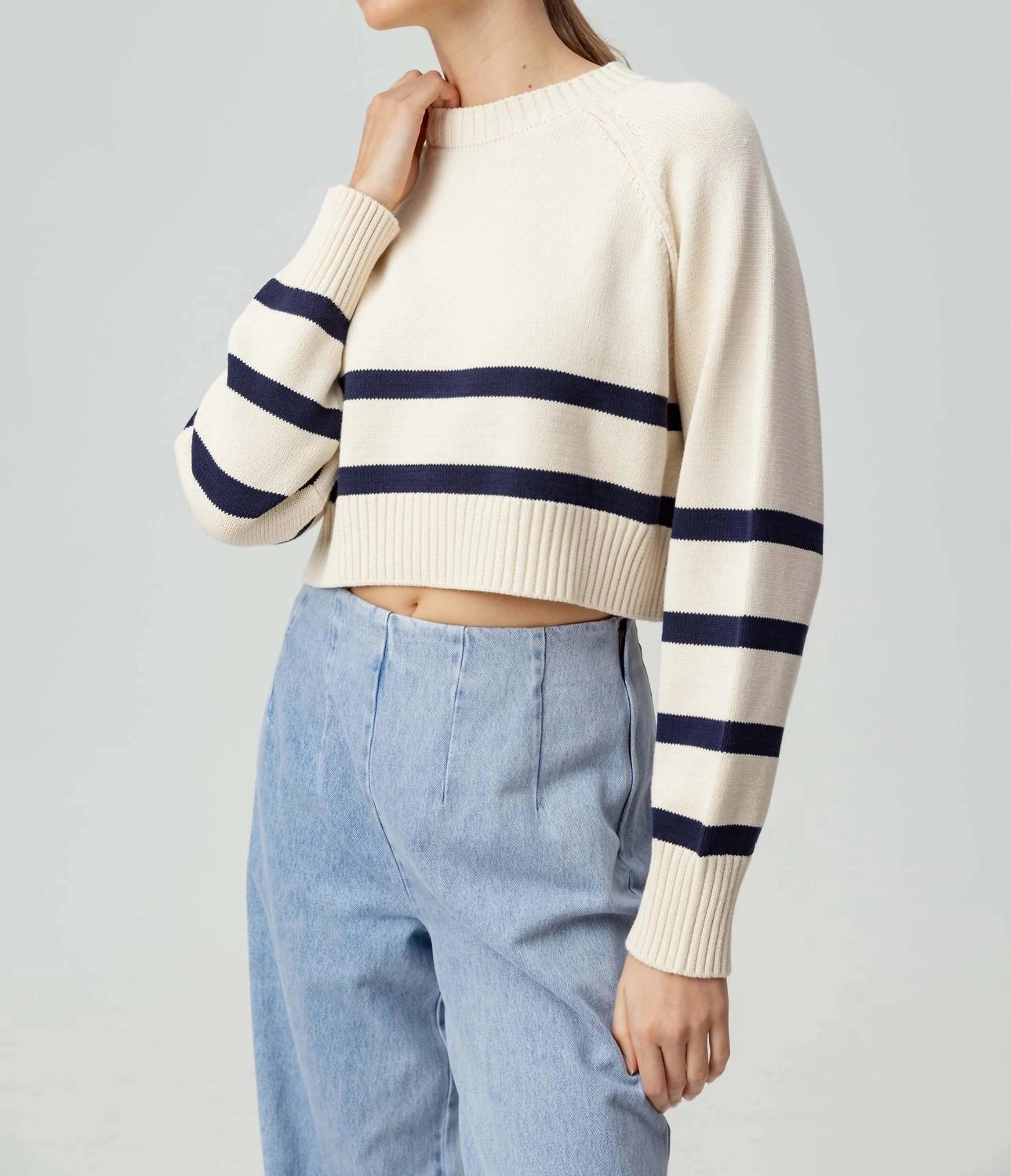 Layered Wearable Enid Boxy Crew Neck Sweater In Navy/cream