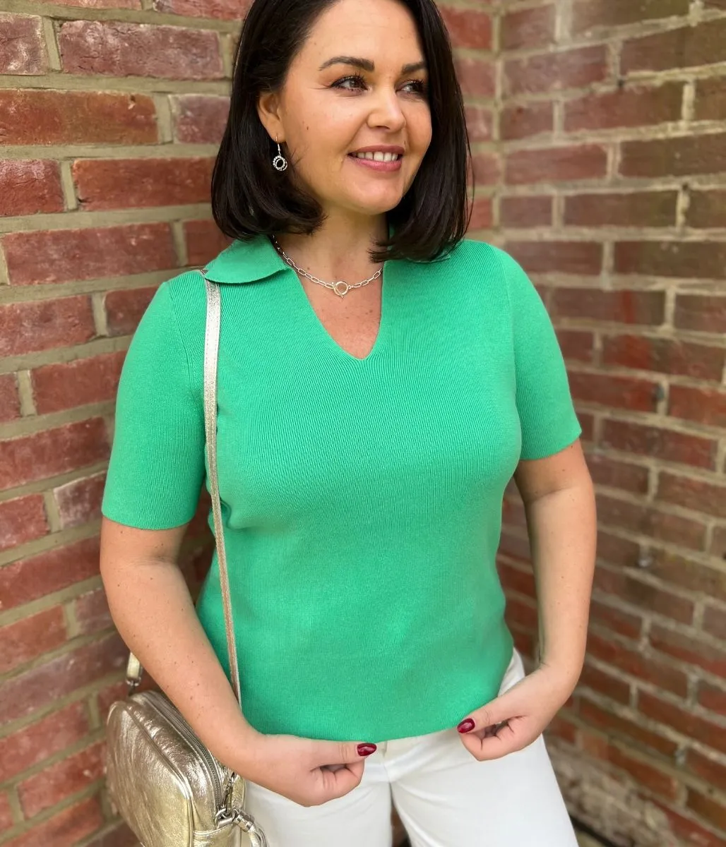 AntiPillingTechnology Green Cotton Rich Ribbed Collared Top