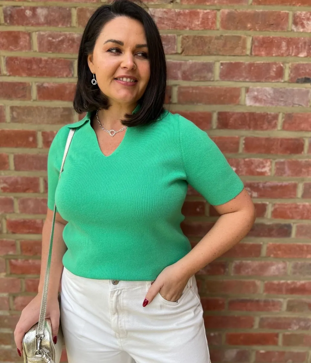 Green Cotton Rich Ribbed Collared Top Active Design