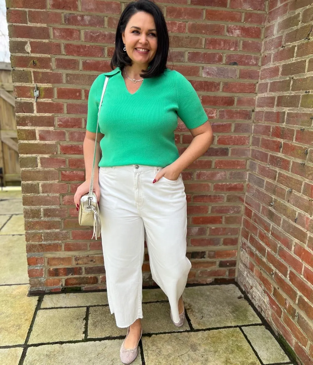 DoubleLayeredFabric LayeredCuff Green Cotton Rich Ribbed Collared Top