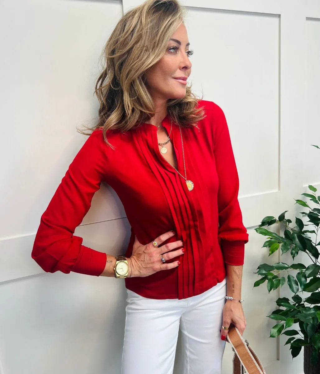 Red Pleated Jersey Blouse Cozy Fit Buttery Soft Feel