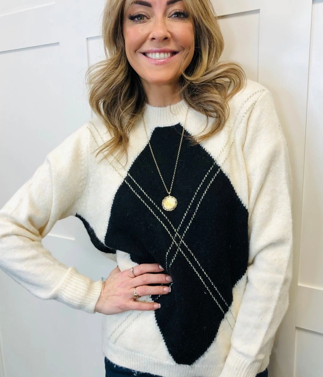 Soft Knit Piece Ivory Diamond Argyle Jumper