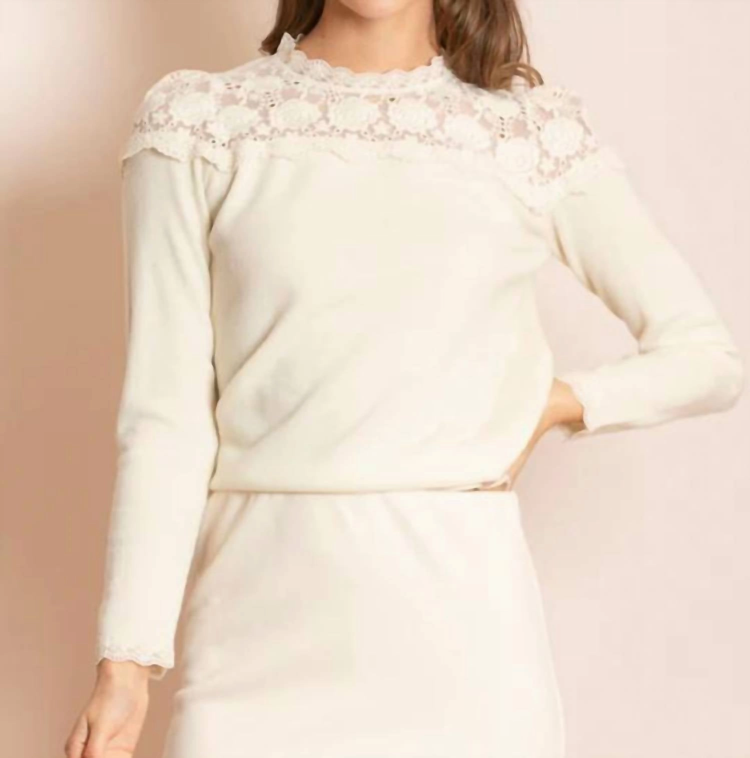 Amari Merino Wool Sweater With Lace Yoke In Ivory Fashionable Layer