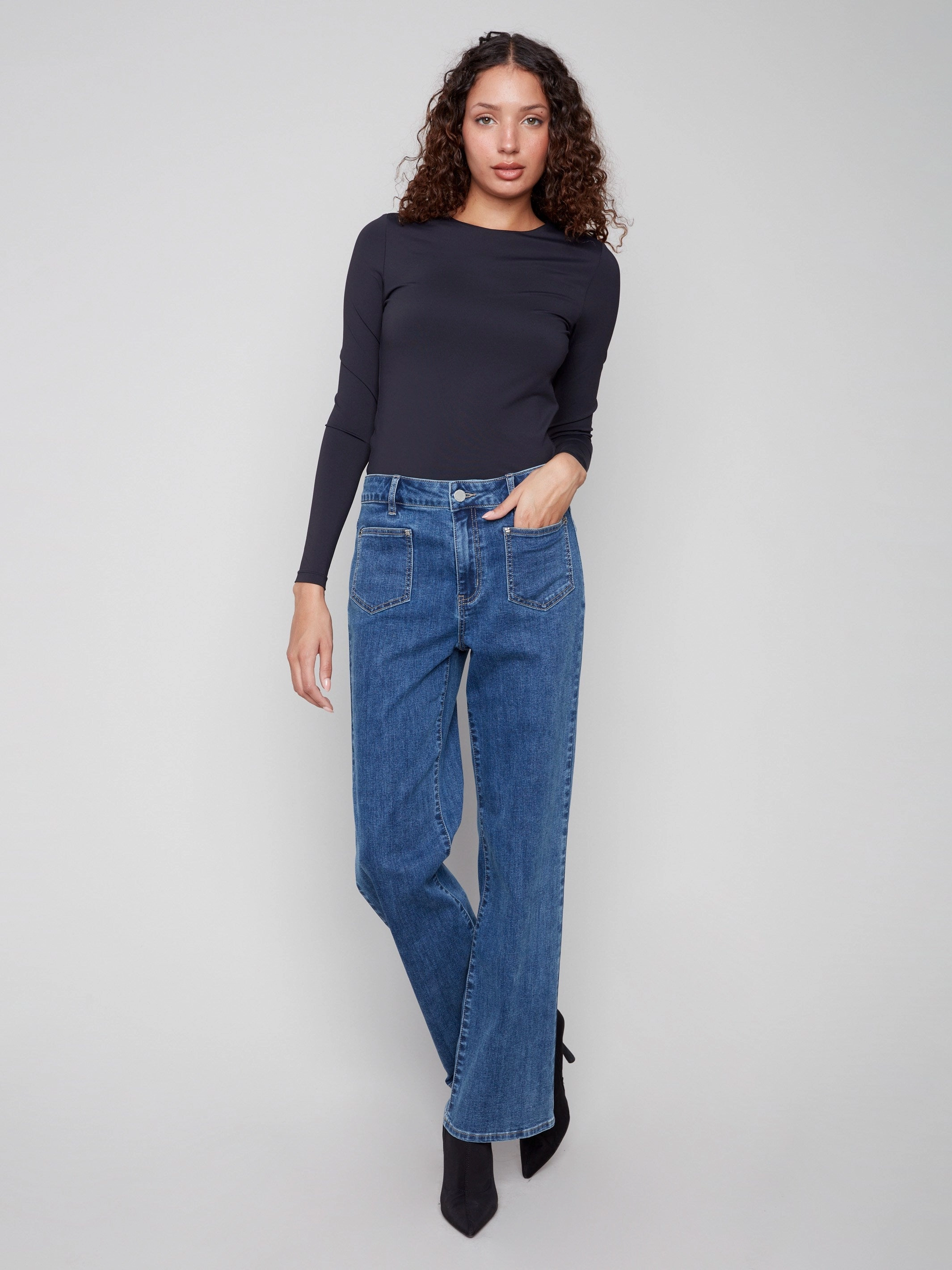 Regular Style Patch Pocket Flare Jeans With Rivets - Medium Blue
