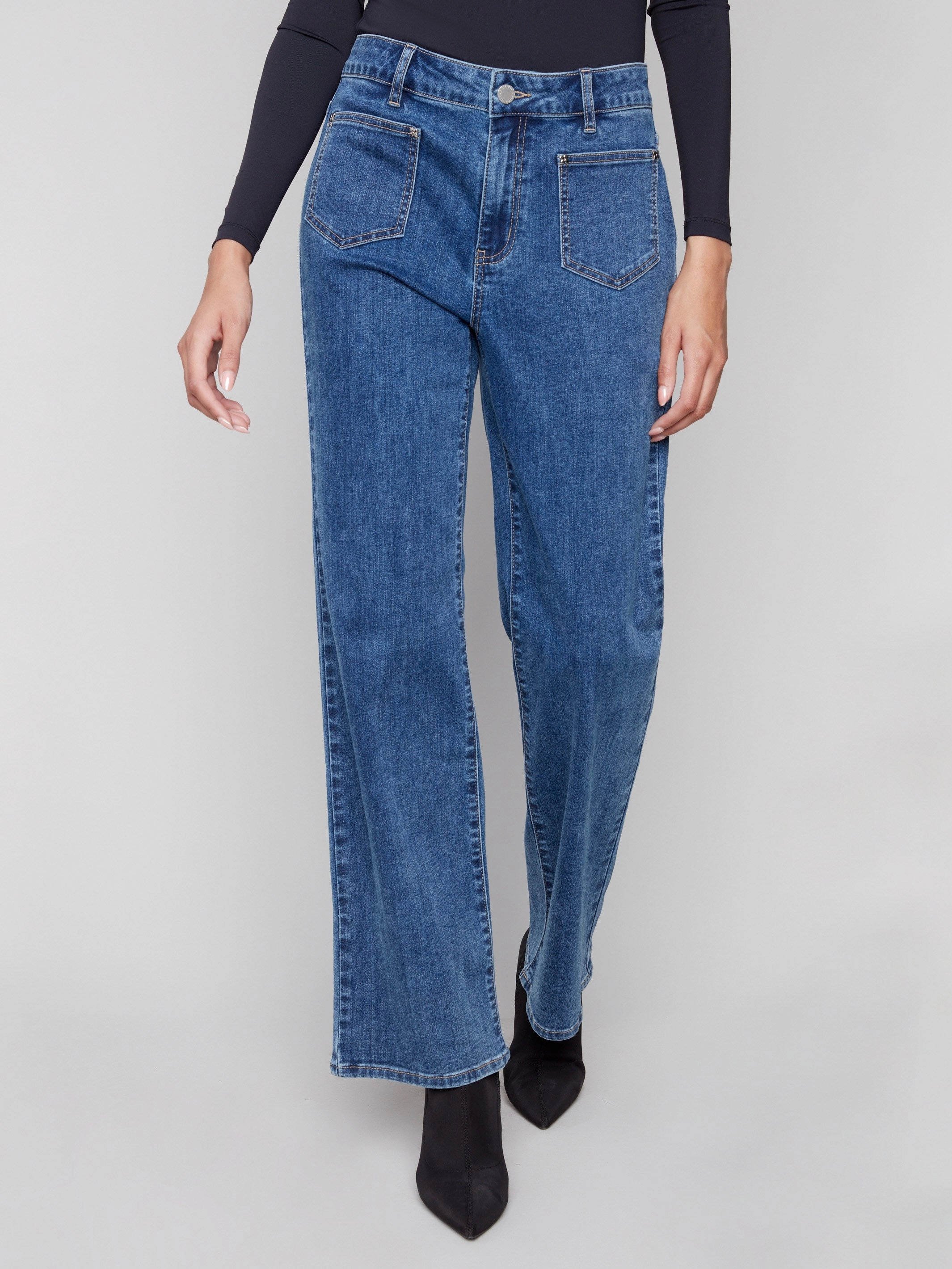 Wear It All Patch Pocket Flare Jeans With Rivets - Medium Blue