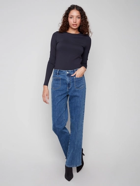 Regular Style Patch Pocket Flare Jeans With Rivets - Medium Blue
