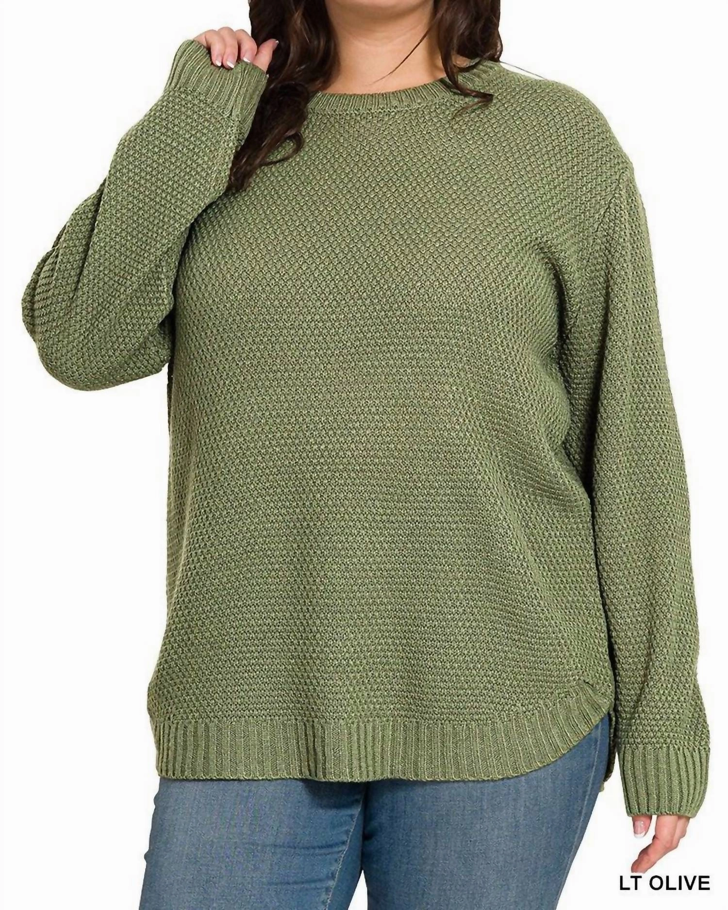 Brooklyn Round Neck Sweater Plus In Light Olive Loose Weave