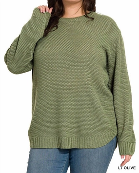 Brooklyn Round Neck Sweater Plus In Light Olive Loose Weave