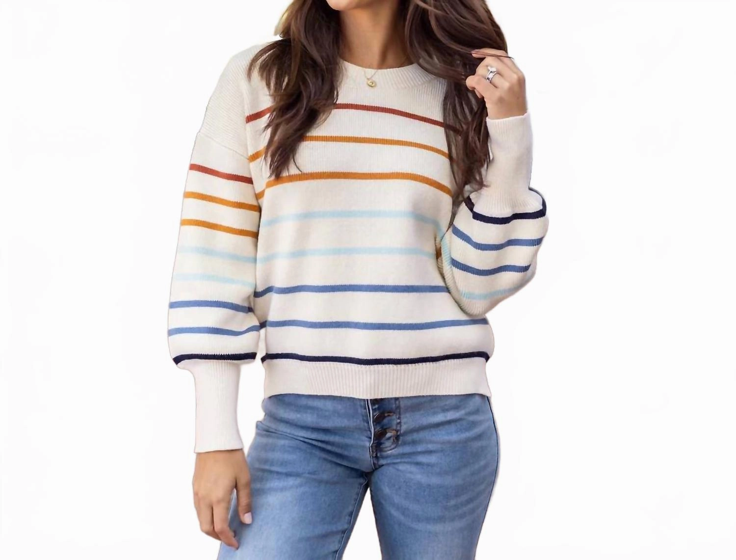 Breathable wear Cold-Weather Fashion Women's Striped Crew Neck Sweater In Ivory Stripe
