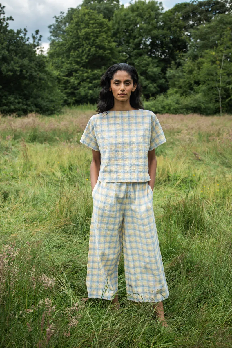 Evora-Cay Organic Cotton Trouser in Pastel Gingham by HANNAH BEAUMONT All Day Wear Comfort Chilly Layering
