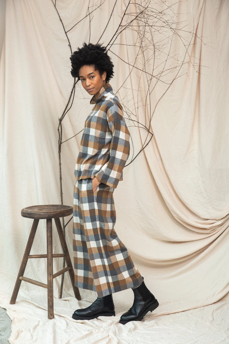 Evora-Cay Recycled Cotton Blend Brushed Twill Check Trousers in Tan Check Reversible design Relaxed Vibe