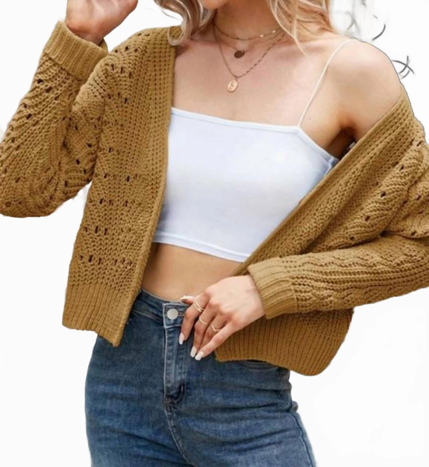 Winter Ready Comfortable apparel Eyelet Knitted Open Front Short Cardigan In Yellow