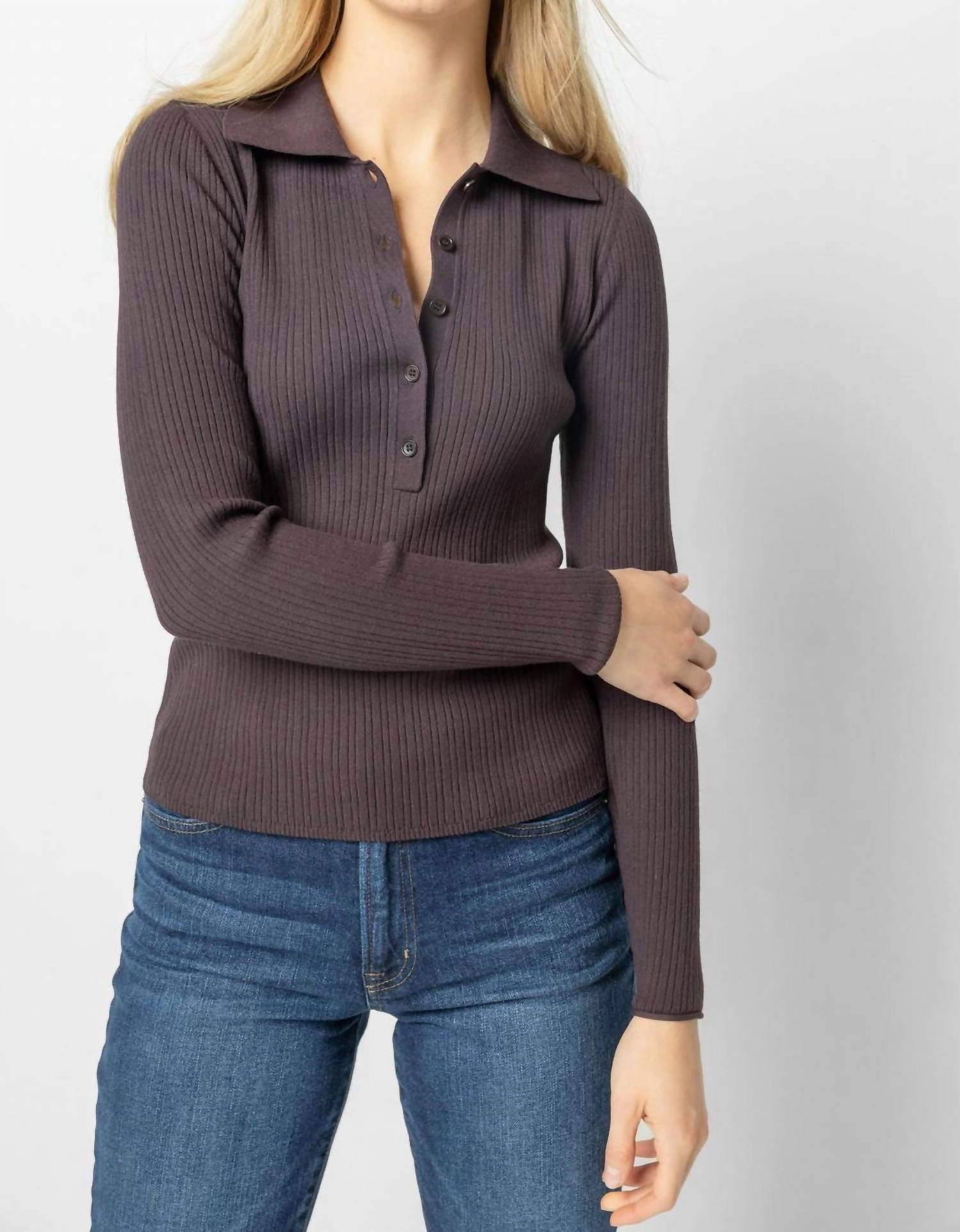 Polo Collar Henley Sweater In Espresso Layered Comfort