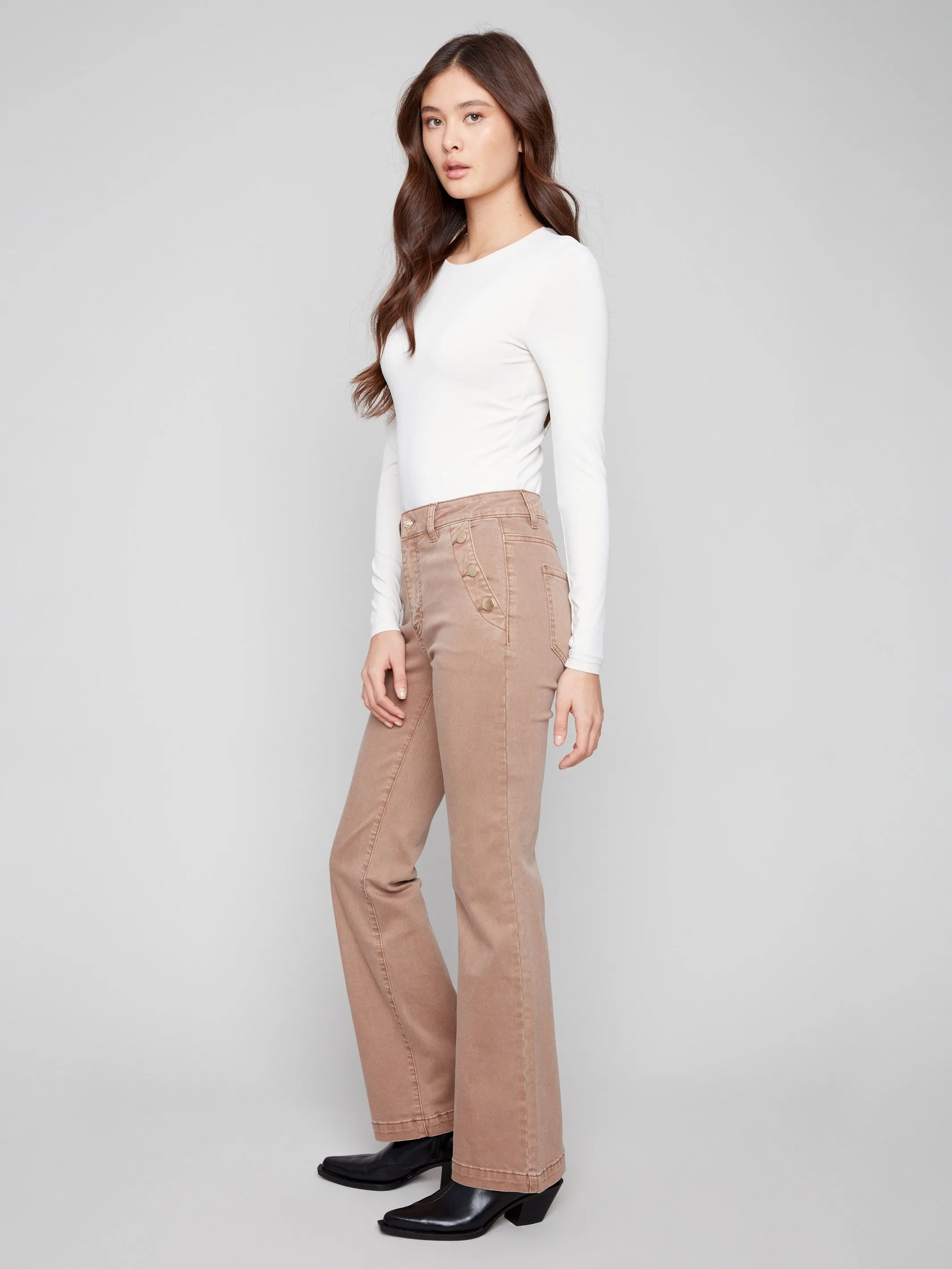 Flare Leg Stretch Twill Pants With Buttons - Truffle Breathable Wearable High Durability Stitching