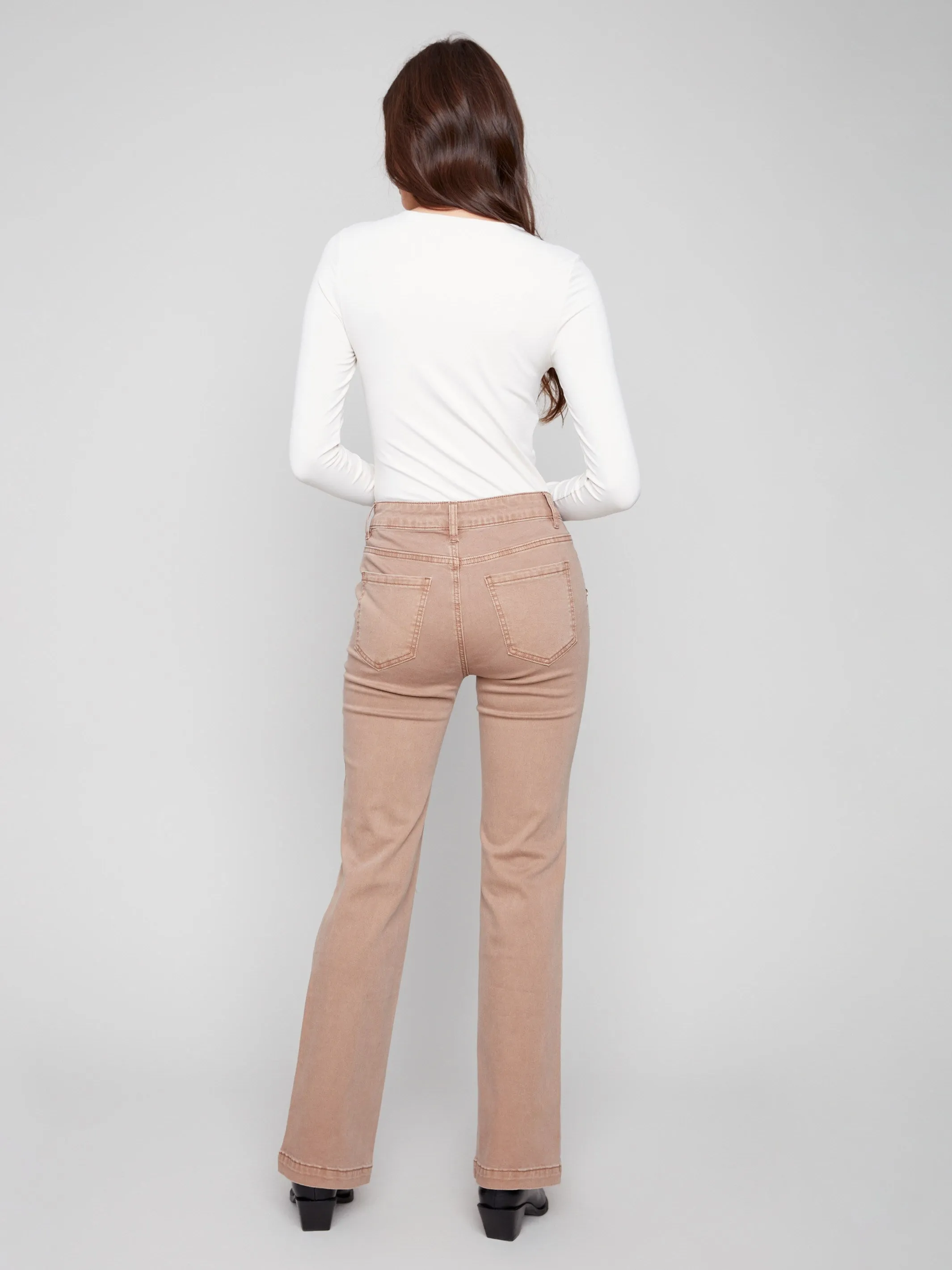 Soft Fabric Flare Leg Stretch Twill Pants With Buttons - Truffle
