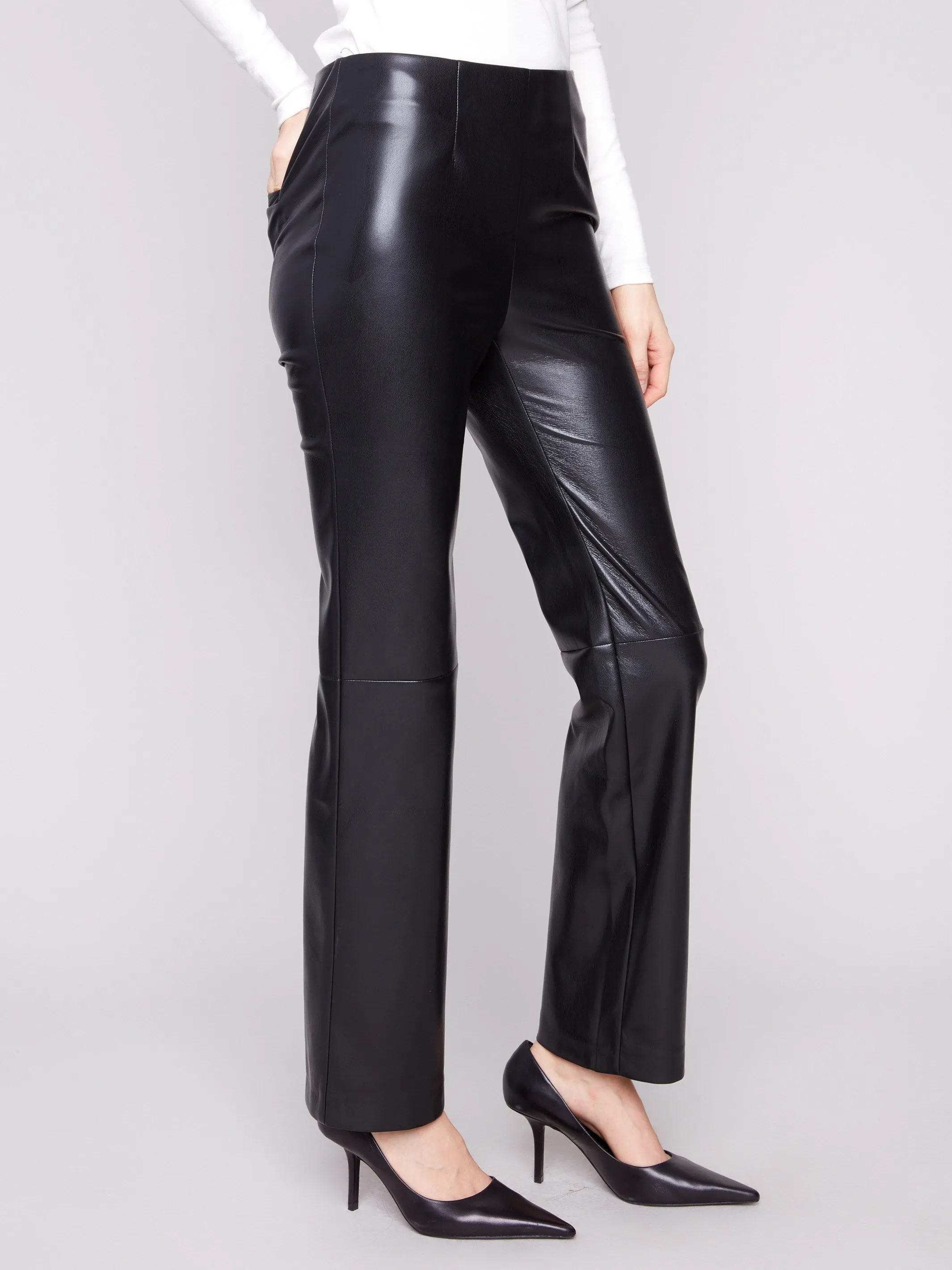 Faux Leather Pull-On Pants - Black Stain Repellent Coating Timeless Comfort