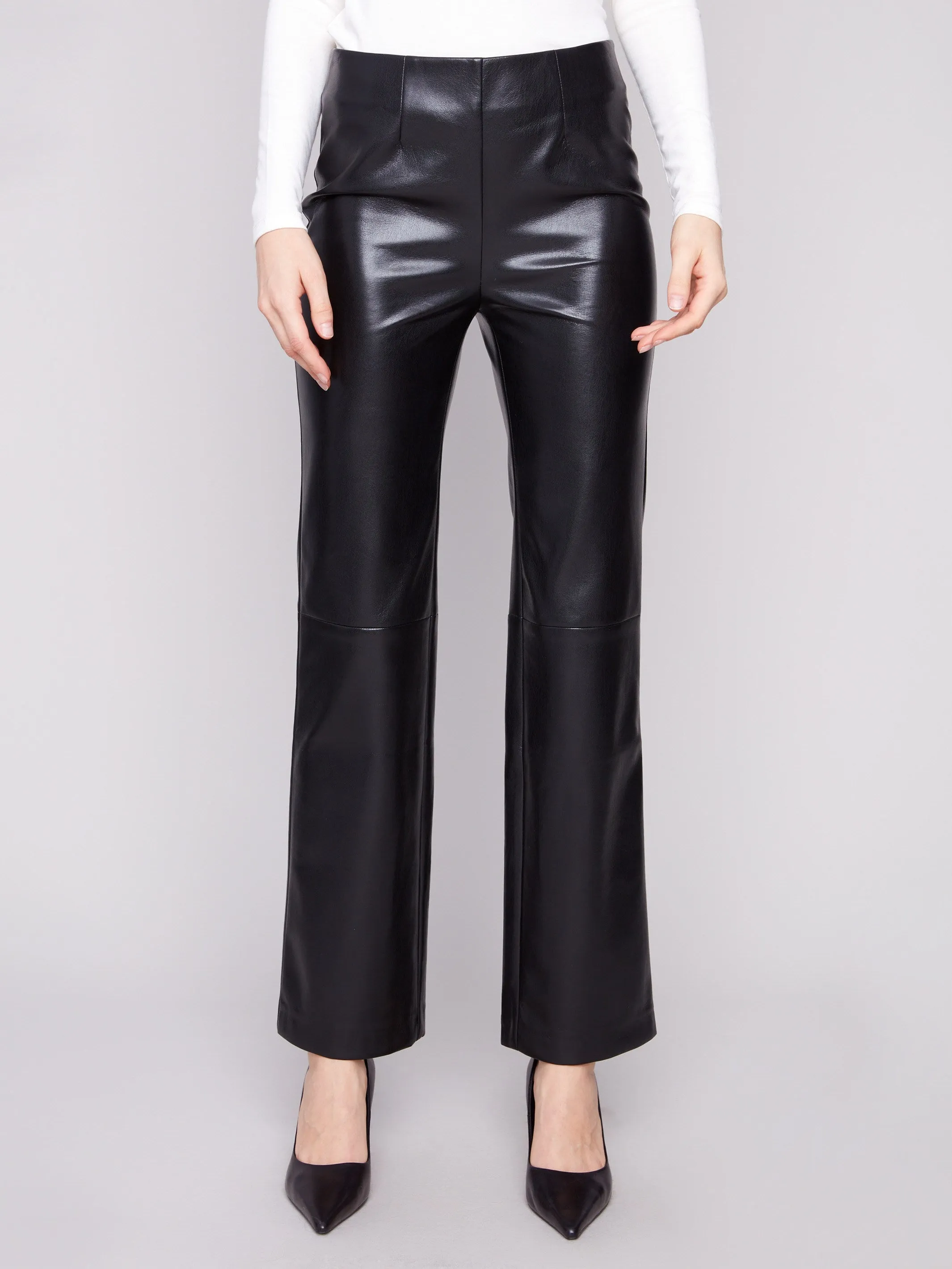 Faux Leather Pull-On Pants - Black Basic Utility Flexible Fit