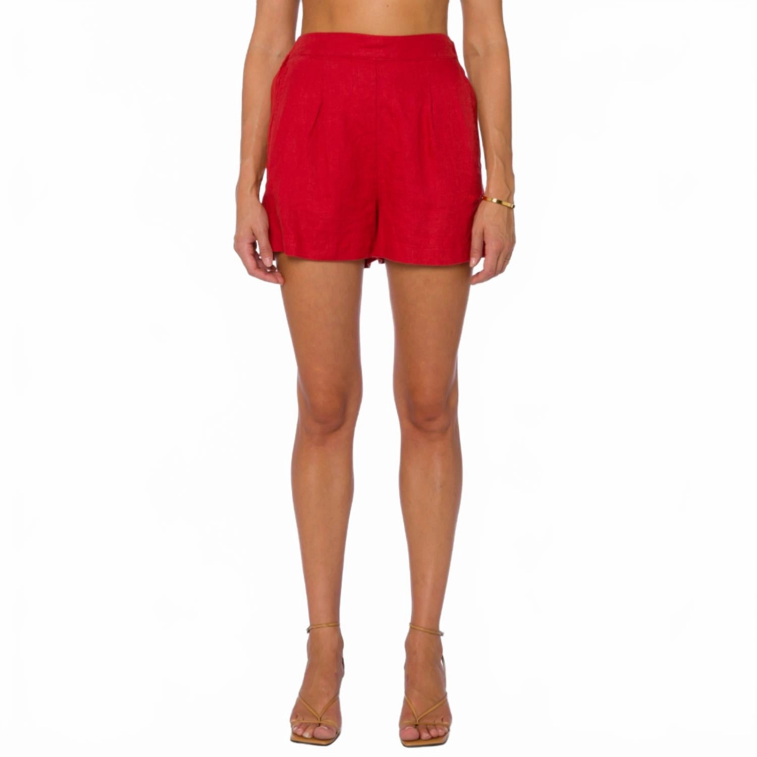 Fedra Salsa Pleated Pull-On Shorts In Red Flexible Pocket Placement