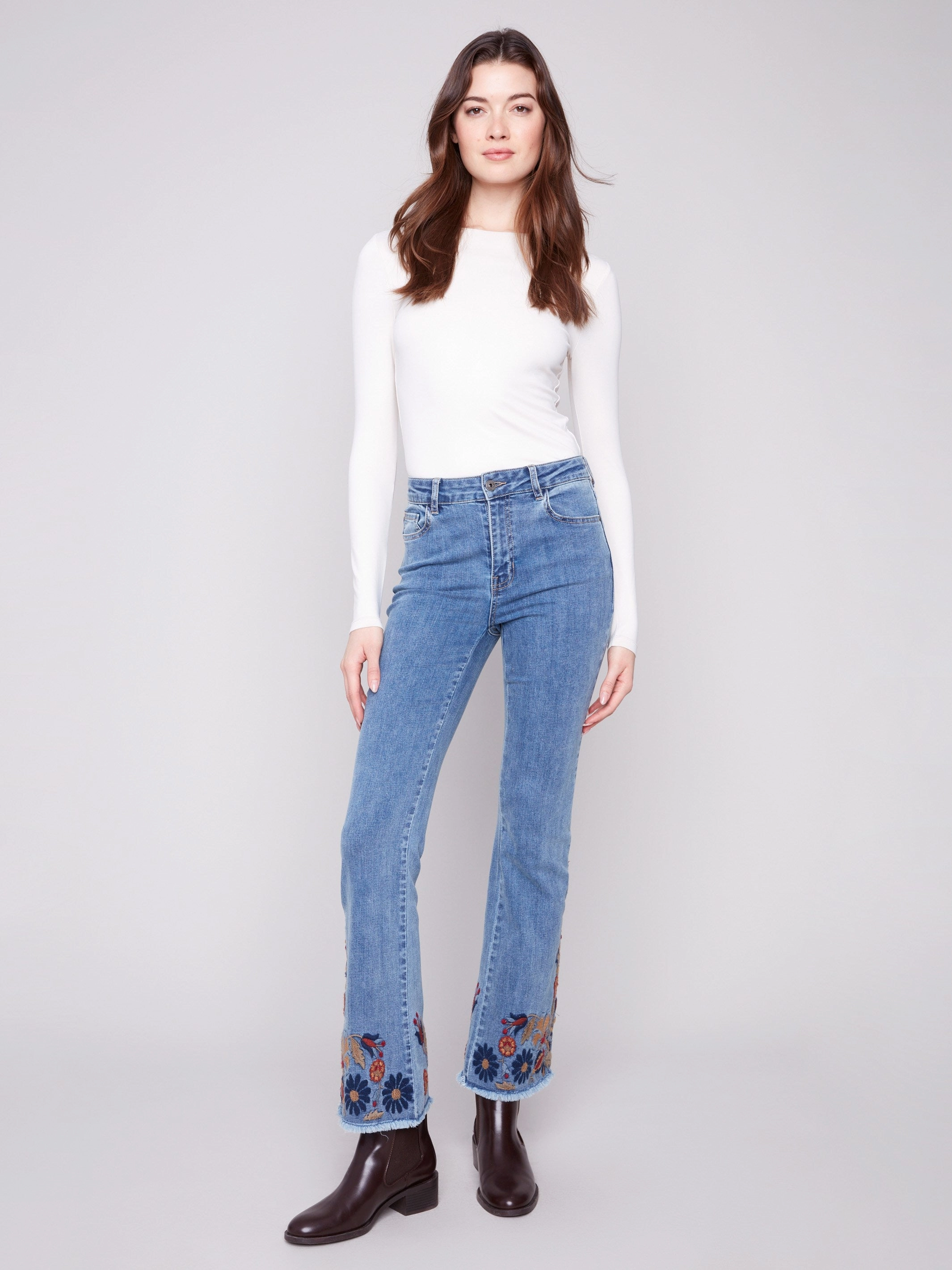 Chill Comfort Couple Look Office Wear Flare Leg Jeans With Colorful Floral Embroidery - Medium Blue