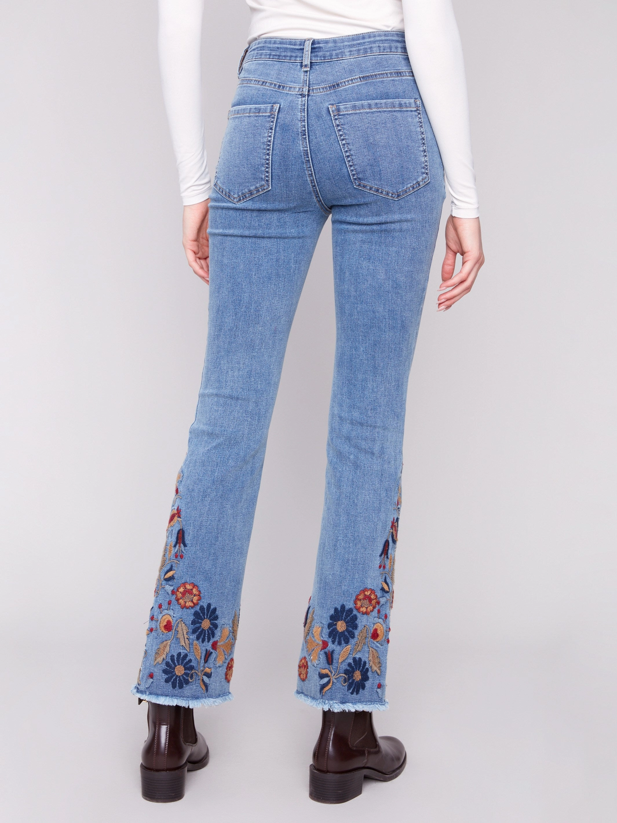 Flare Leg Jeans With Colorful Floral Embroidery - Medium Blue No Fade Look