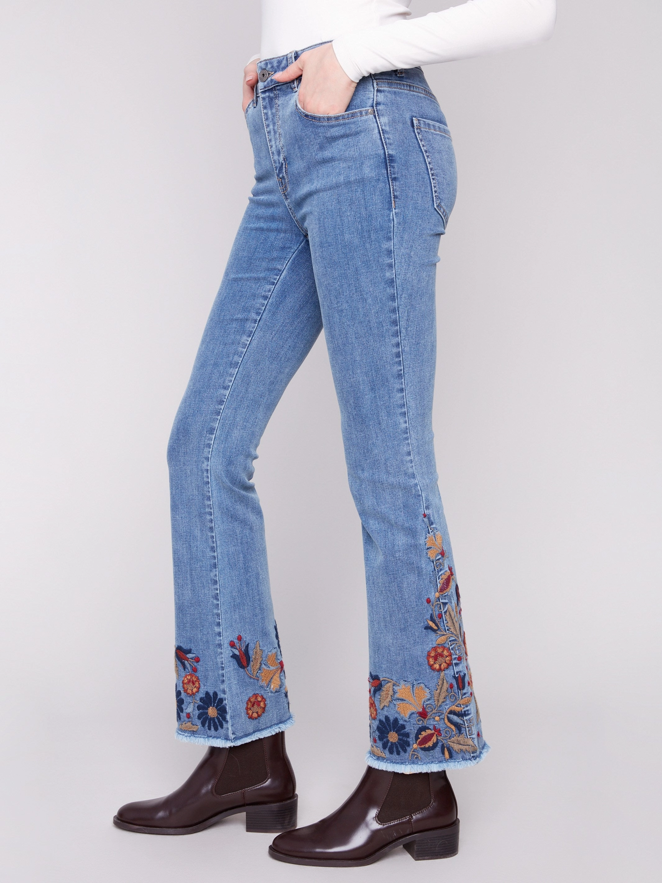 Straight Leg Design Flare Leg Jeans With Colorful Floral Embroidery - Medium Blue