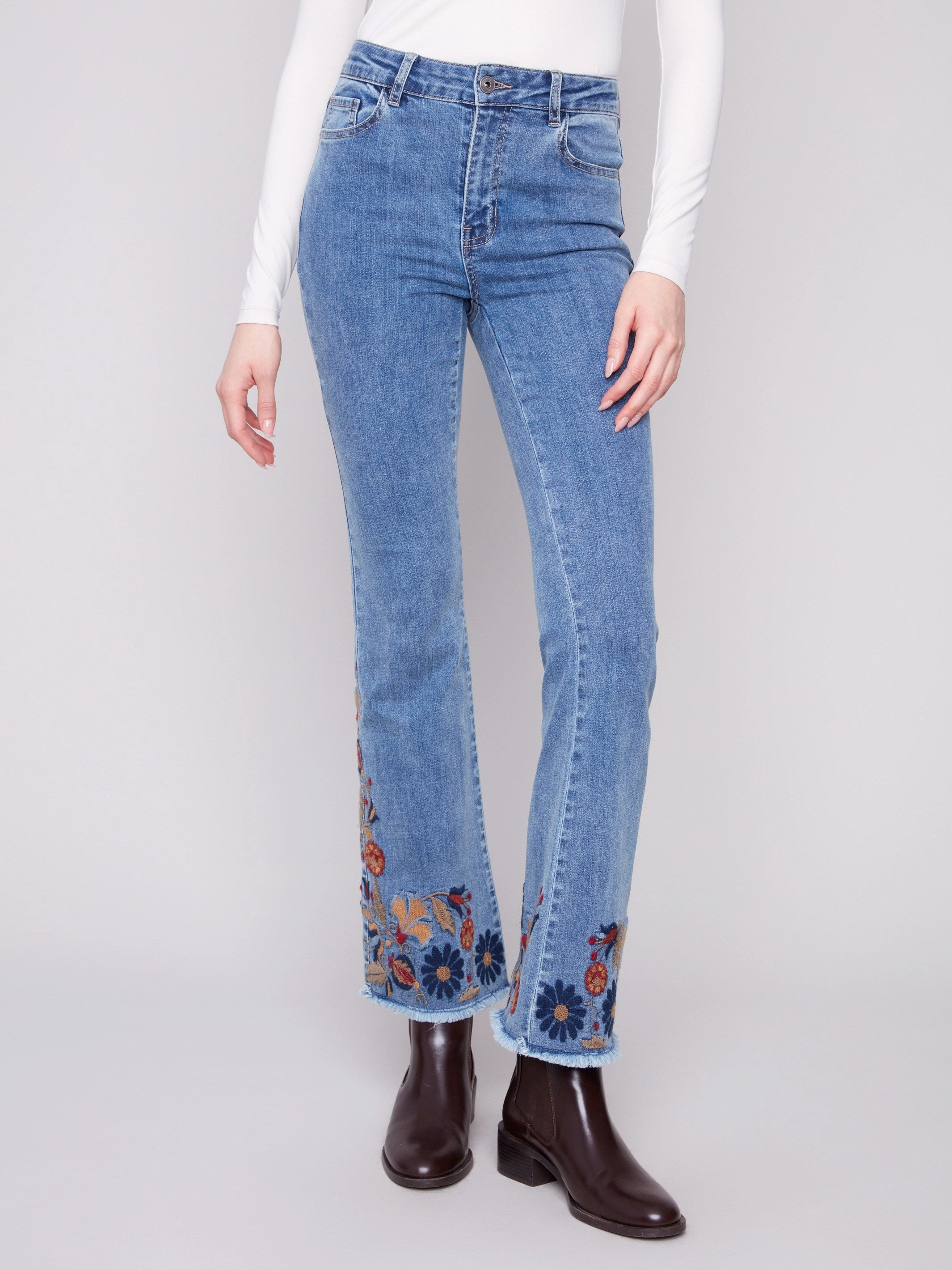 Flare Leg Jeans With Colorful Floral Embroidery - Medium Blue Work Ready Soft Parent Style Trend Setter