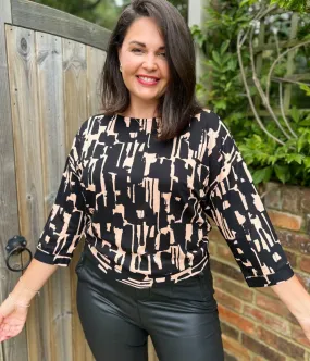 Black Printed Jersey Top Midweight Texture Formal top