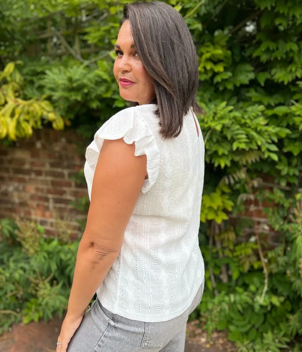 Comfortable Look Anti Odor Finish White Frill Sleeve Broderie Anglaise Top