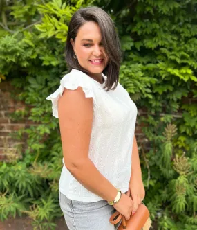 StaticResistant Material Non Irritating Seam Finish White Frill Sleeve Broderie Anglaise Top