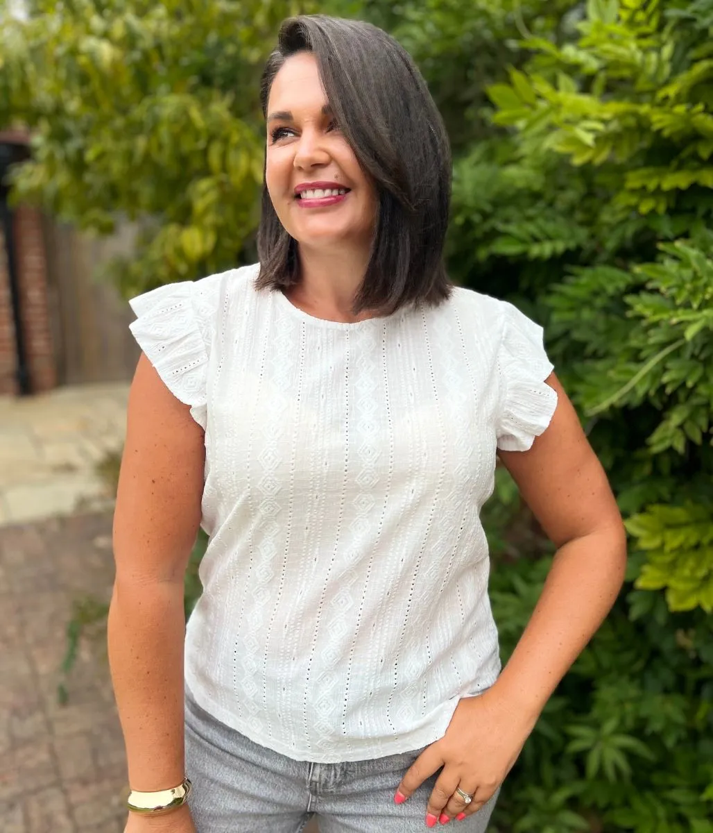 White Frill Sleeve Broderie Anglaise Top Non Irritating Seams