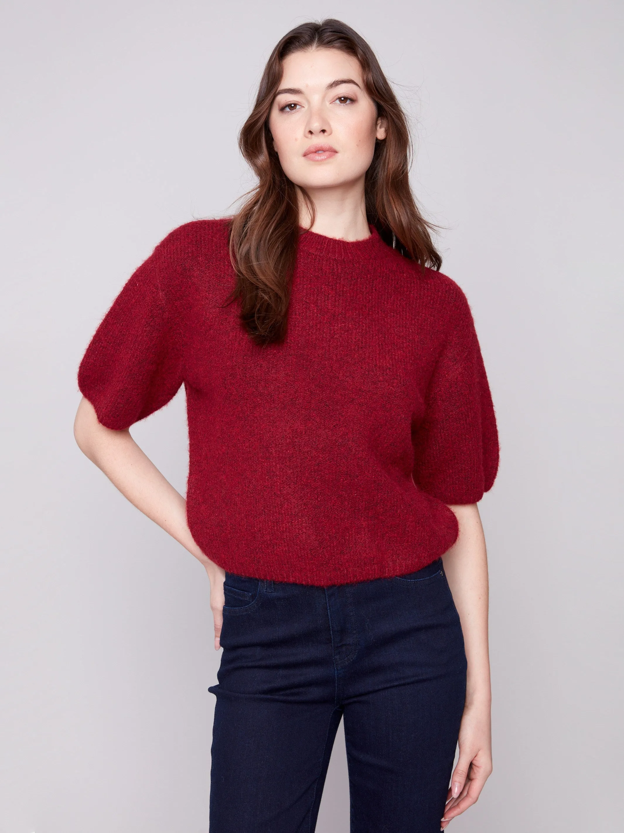 Balloon Elbow Sleeve Knit Sweater - Cabernet Soft Cotton Feel Active Fashion