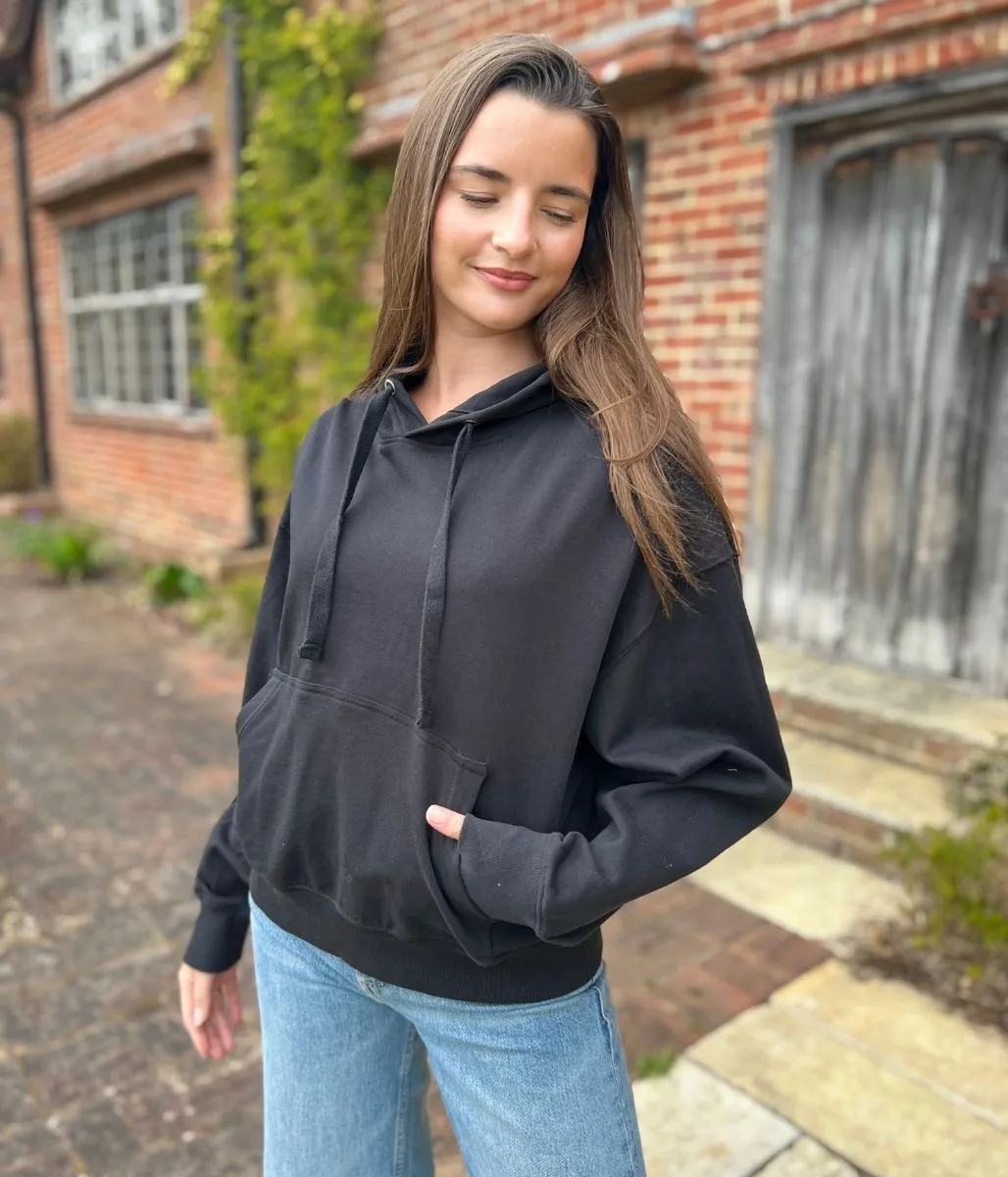 Recycled Fiber Blend Black Casual Luxe Hooded Top