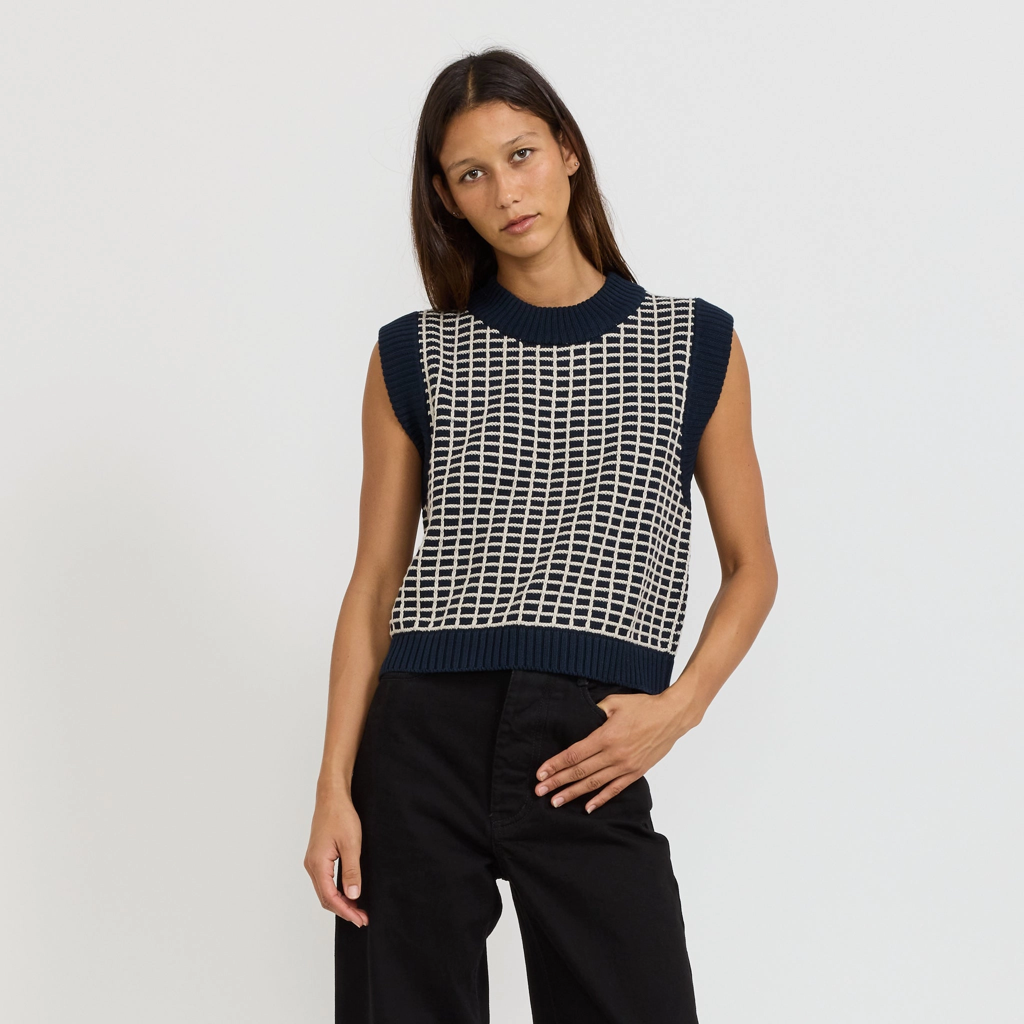 Grid Vest Navy Grid Zero Waste Manufacturing