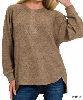 Knit Comfort Wear Madison Henley Sweater In Mocha
