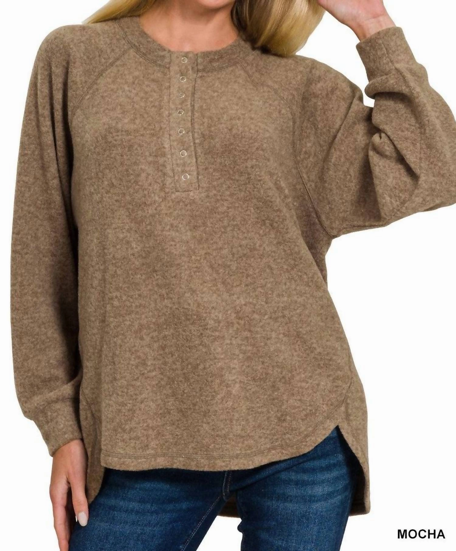 Knit Comfort Wear Madison Henley Sweater In Mocha