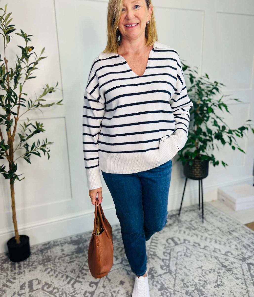 Off White Striped Collared Jumper Casual Comfort Wear Temperature Regulating Fabric