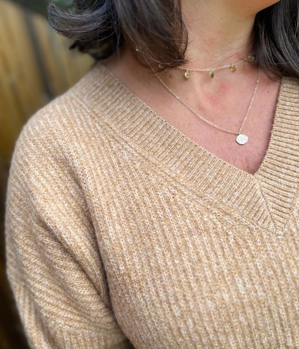 Biscuit Ribbed V Neck Jumper Elegant Knit Comfy Layered Wear