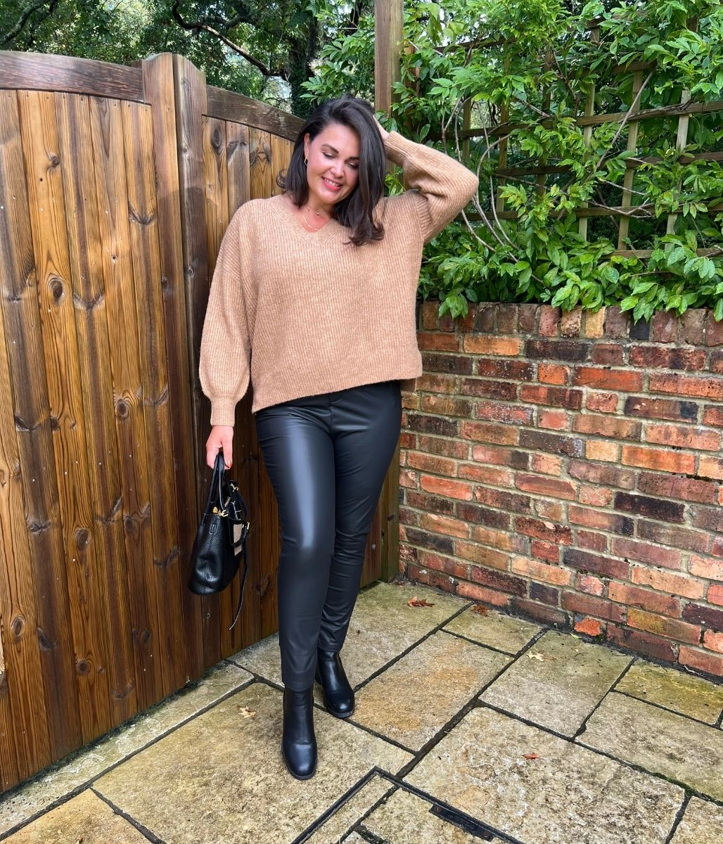 Effortless Knit Biscuit Ribbed V Neck Jumper