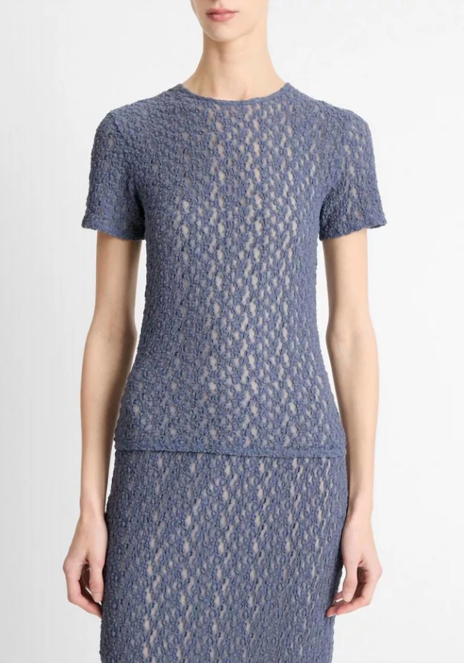 Floral Smocked Short Sleeve Crew Neck Sweater In Mauve Thistle Cozy Knit Piece Bias Cut Hem Details