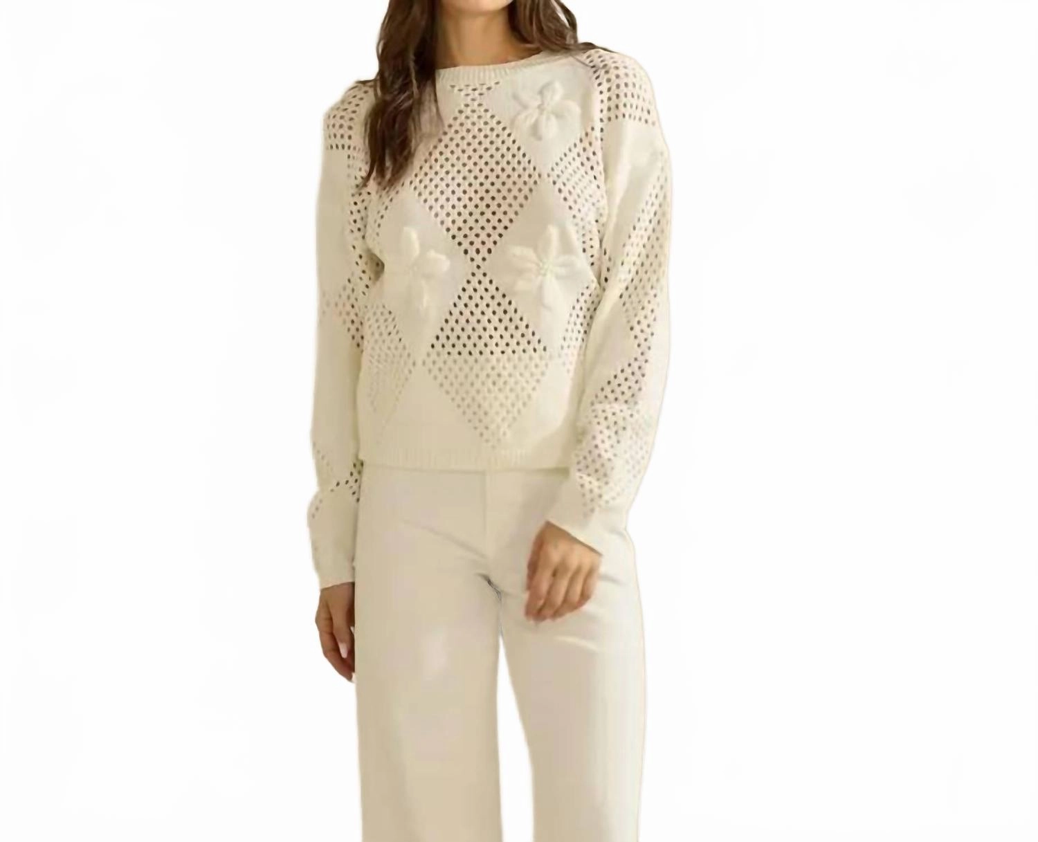 Trendy Appeal Soft Touch Flower Embroidered Openwork Sweater Top In Cream