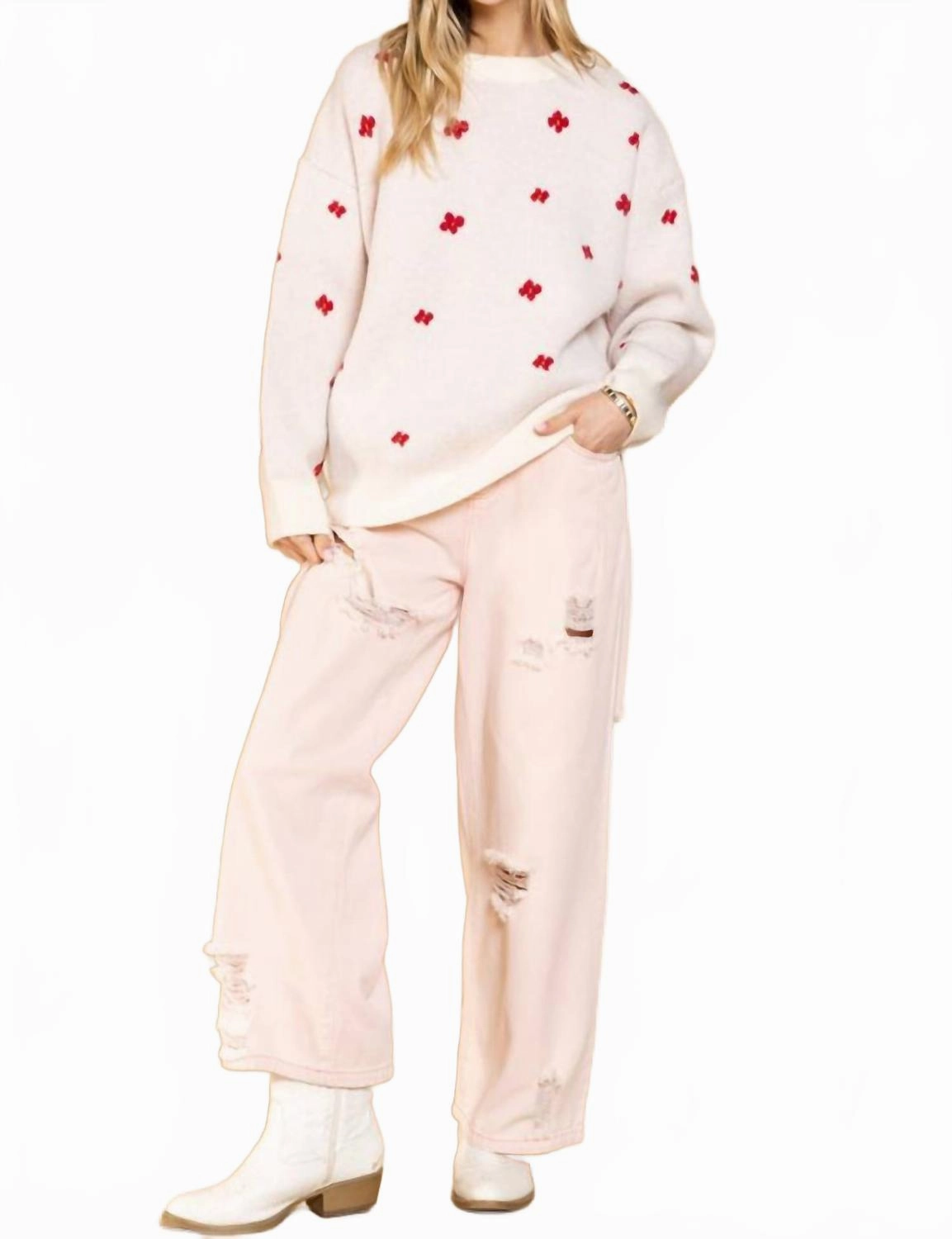 Flower Knit Acrylic Sweater In Cream Essential Layering