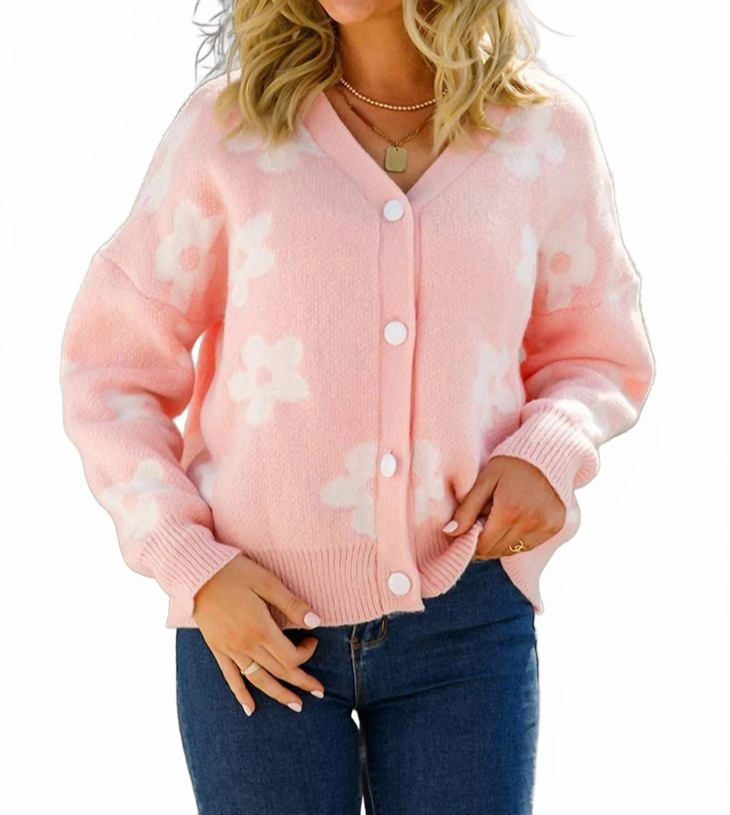 Chilly Wardrobe Flower Pattern Sweater In Pink